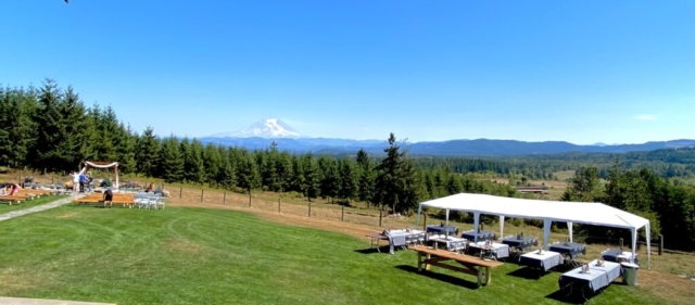 View of Reception Tent and Ceremony Area with Mt Rainier in Back